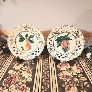Vintage, Majolica Reticulated Pottery Cut-Out Fruit Plates, Set of 2 , Italian